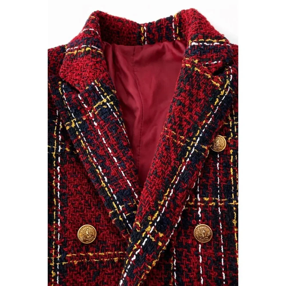 Red Tweed Style Open Front Jacket-Gold Button Detail Bouclé Knit Blazer |Medium - Picture 4 of 12